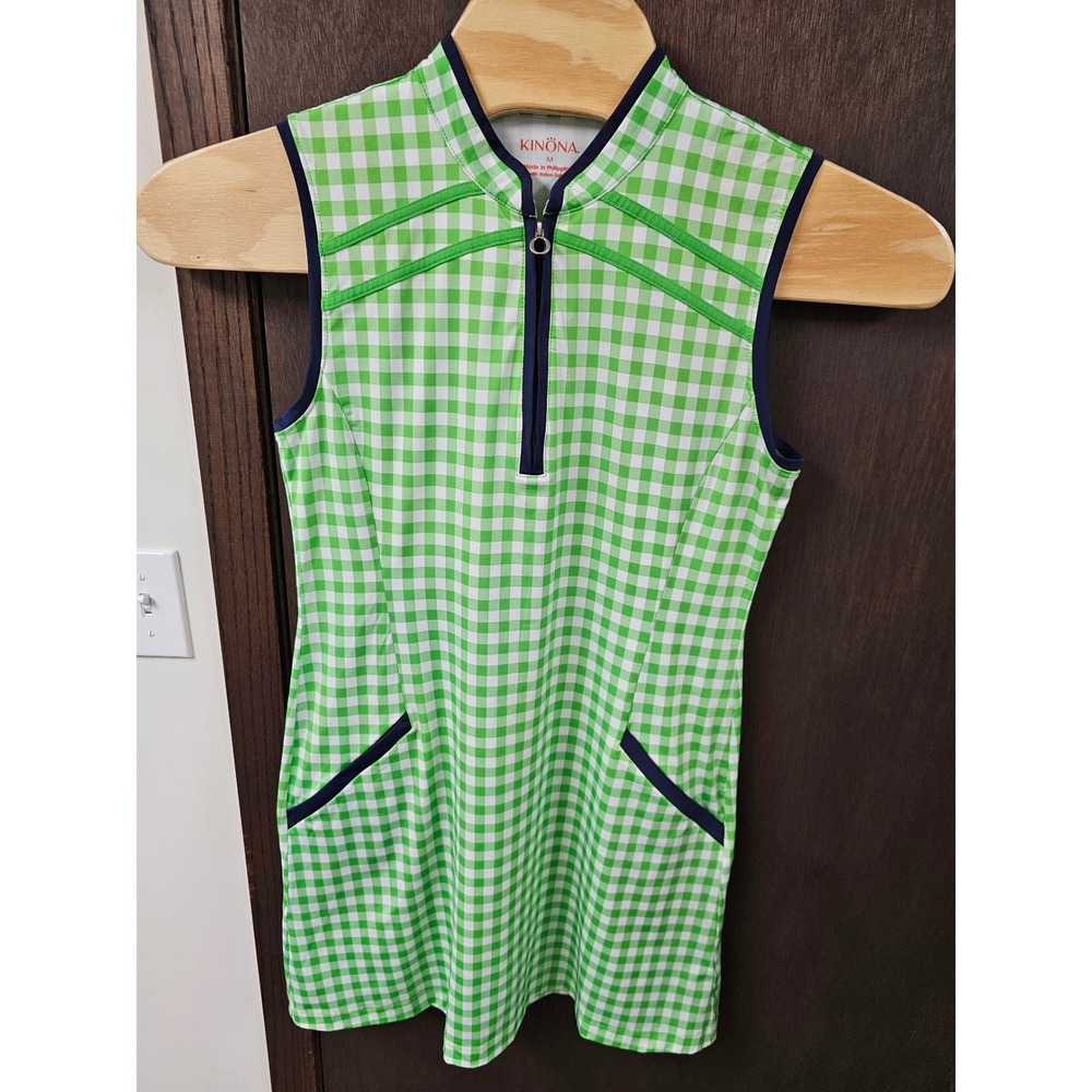 Kinona Womens Green Gingham Sleeveless Golf Dress Quarter Zip Italian Fabric M